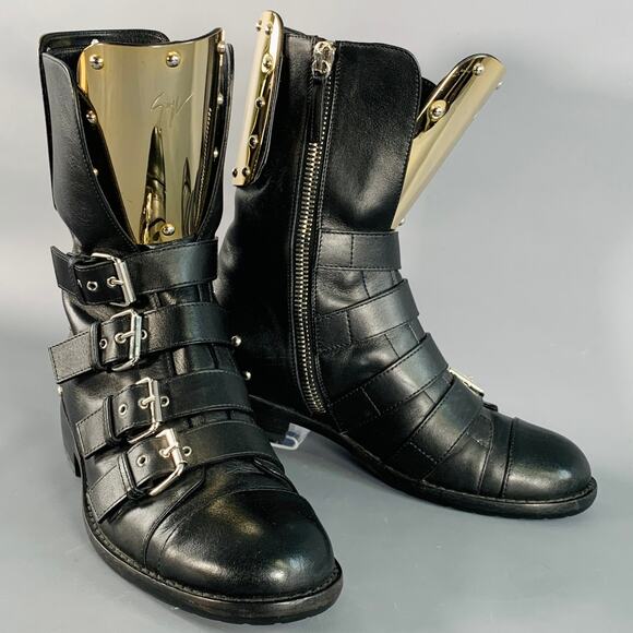 GIUSEPPE ZANOTTI Size 7 Black Gold Leather Metal Buckles Lace-Up Zipper Boots - Picture 1 of 8